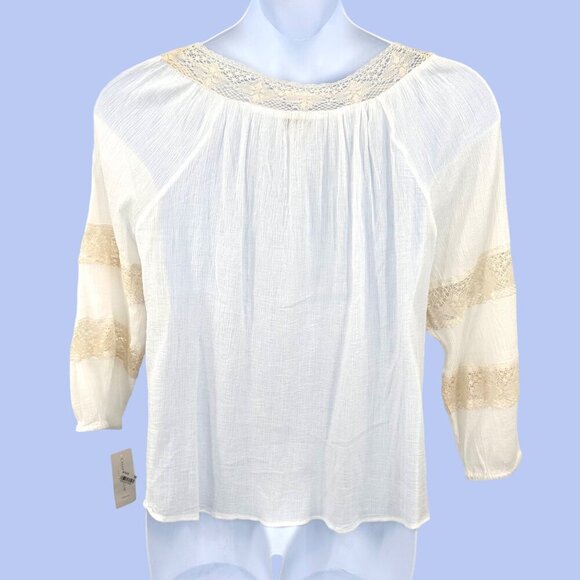 NWT CHARTER CLUB MARRAKESH WHITE & BEIGE LACE TRIM BOHO PEASANT TOP - PL - Picture 3 of 5